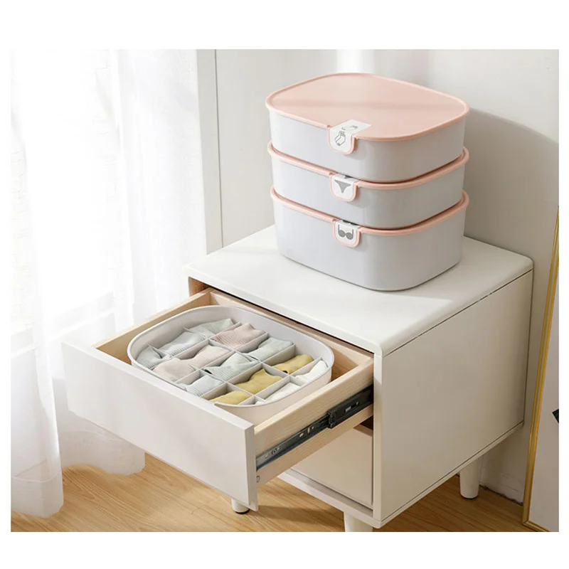 10/15 Grid Plastic Underwear Storage Box with Mark Closet Organizer Drawer for Underwear Socks Box Bra Organizer with Cover