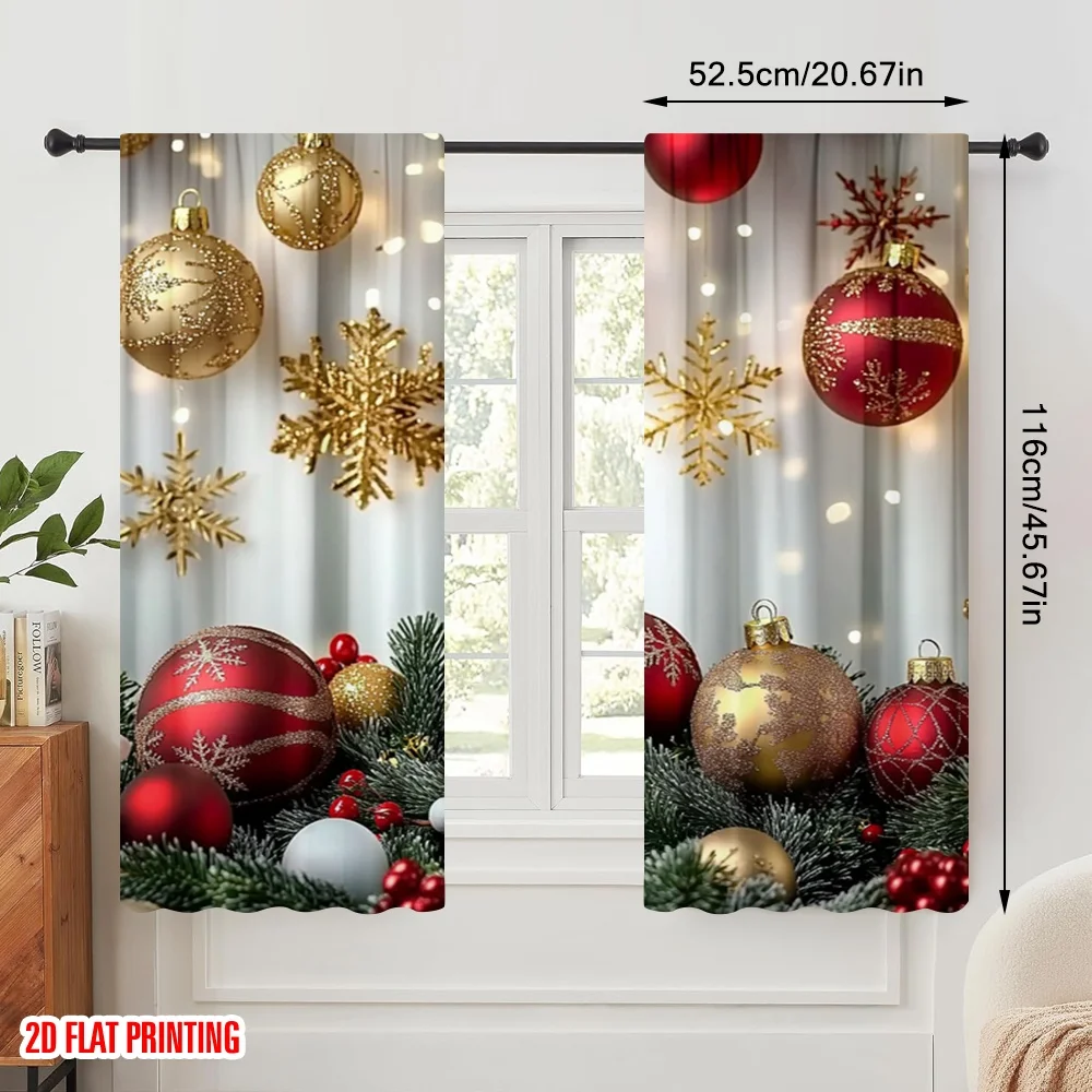 2pcs 2D flat printing Curtain Red and Gold Ball Pine Branch Snowflake Polyester Without Electricity 0 for Multipurpose Event
