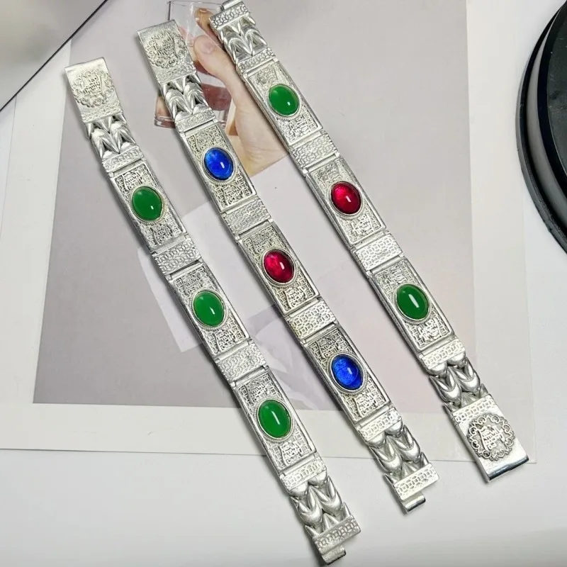 Retro Distressed Hollow Out Bracelet, Inlaid Gemstones, Vintage Antique Silver Jewelry, Unisex Classic Daily Fashion Accessories