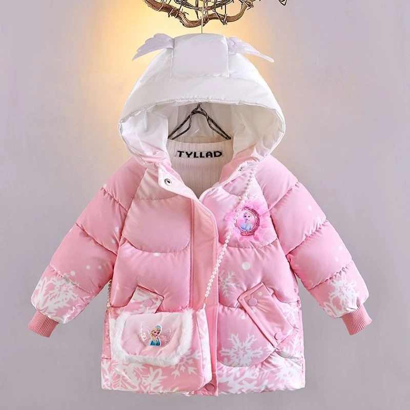 Frozen Elsa Anna mercancía de la película abrigo acolchado para niñas dulce y encantadora chaqueta de algodón de longitud media cálida y resistente al viento de invierno