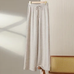 100% merino wool women's knitted trousers, popular, fashionable, warm, twisted, wide-leg pants 2024 autumn and winter new style