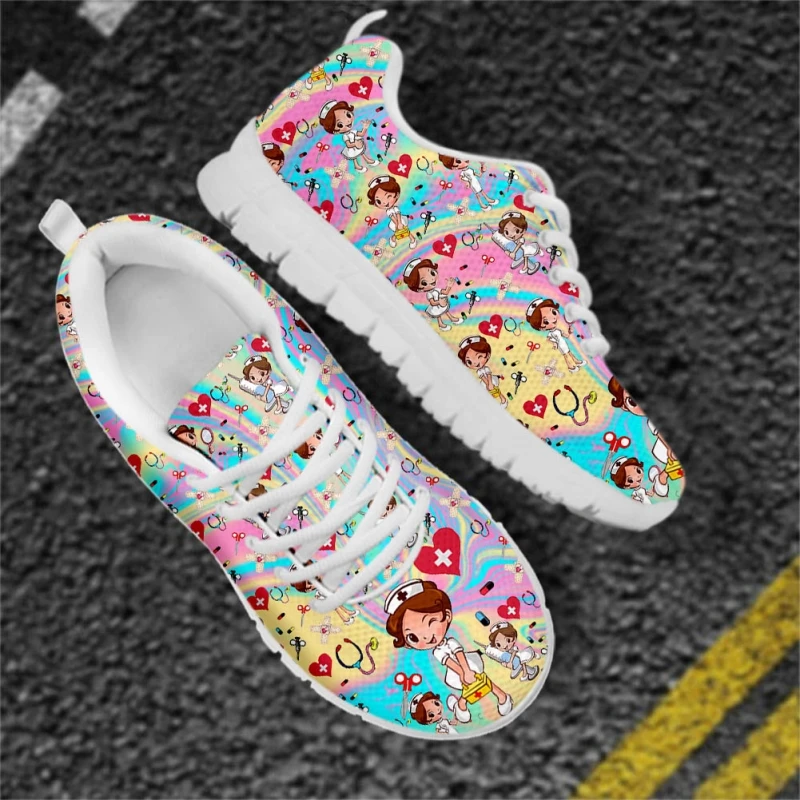 Nurse Drawing Women's Shoes Rainbow Nursing Medical Lace Up Sport Sneaker Healthcare Design Casual Flats Shoes Lightweight