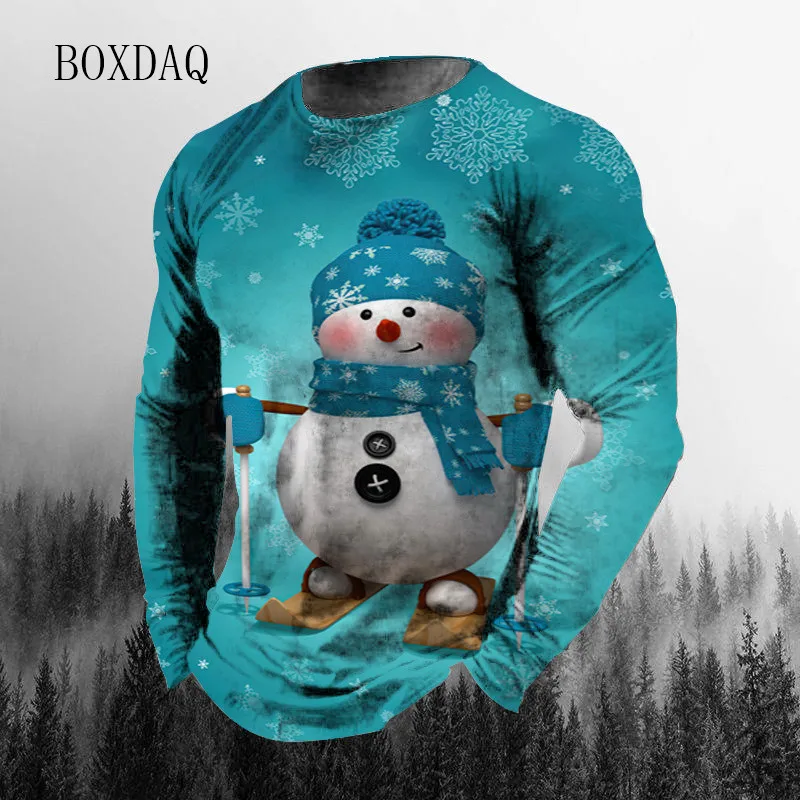 Santa Claus Pattern Men\'s Fashion T-shirts Autumn Winter Long Sleeve Cotton Christmas Tops 6XL Big Size Man Clothing Street Tees