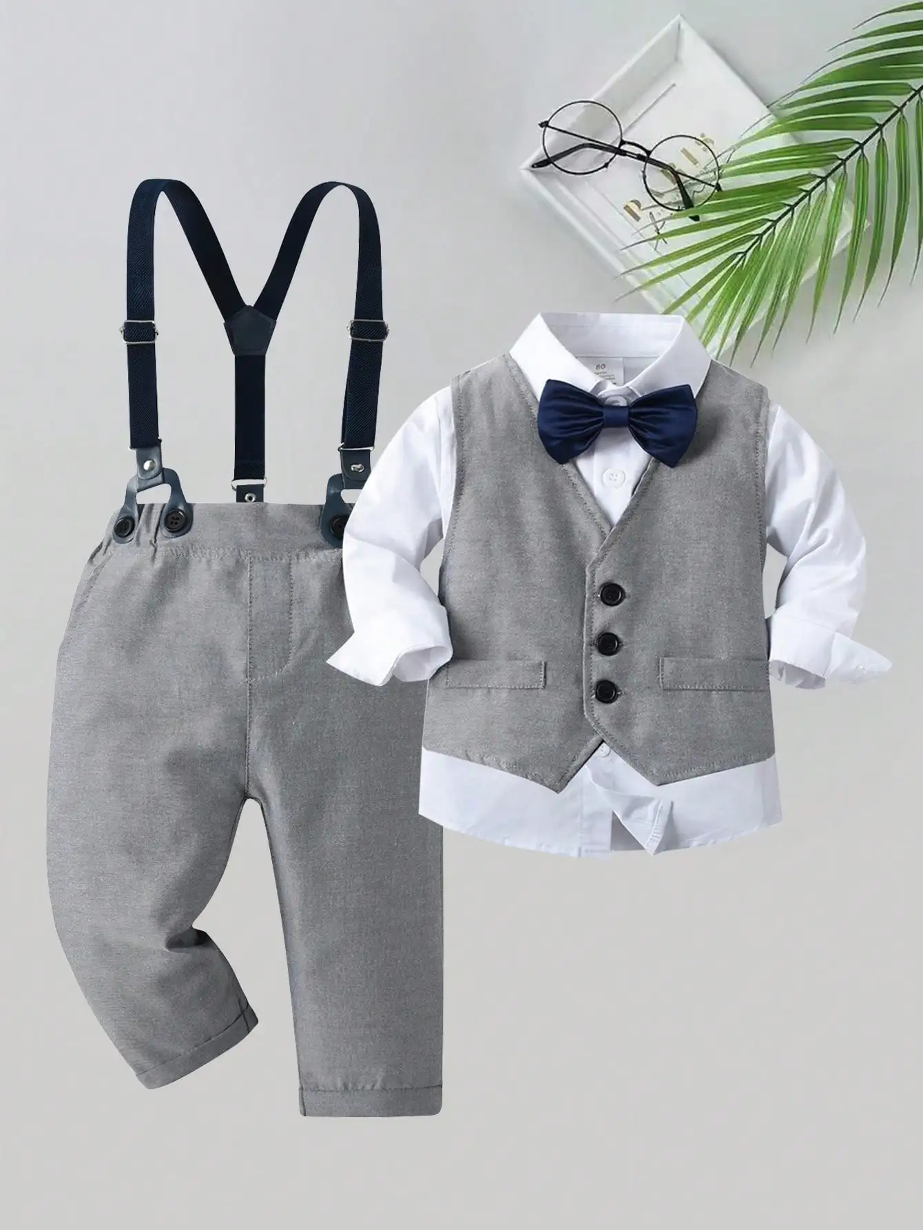

3-Piece Formal Outfit for Toddler Boys: White Shirt, Grey Vest, Pants with Bow Tie