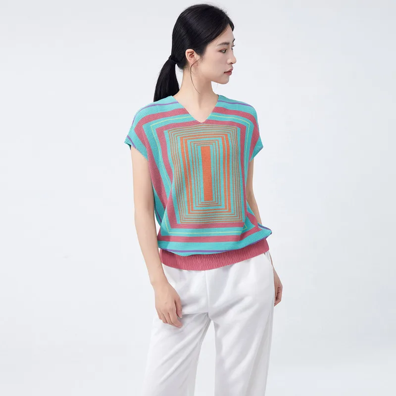 Vest Striped Tops For Women Spring And Summer Fashion V neck Stretch Loose Miyake Pleated Sleeveless Top