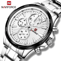 Casual Fashion NAVIFORCE Men Quartz Watch with 24 Hours Display Clock Stainless Steel Waterproof Business Sliver Male Wristwatch