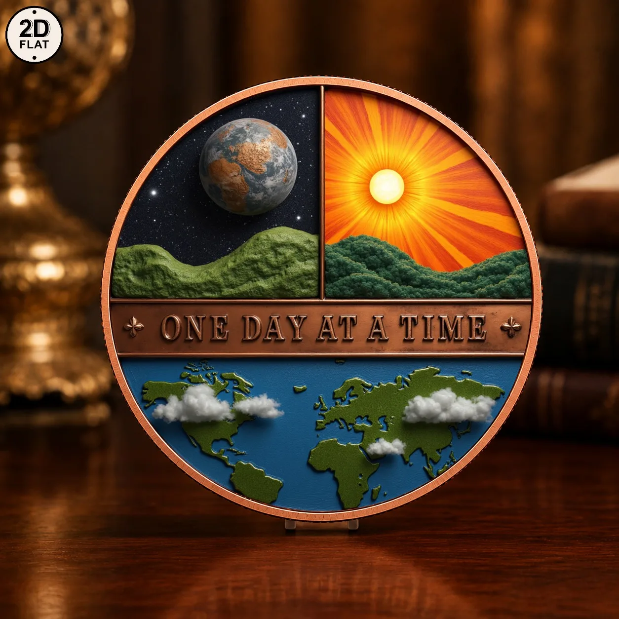 1pc 1oz Fine Copper One Day At A Time Challenge Coin Inspirational Earth World Map Collectible Token Gifts for Astronomy Fans