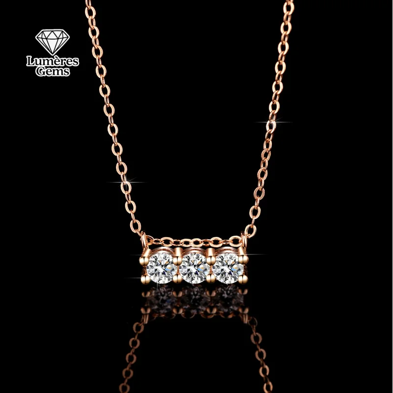 LumièRe Gems Pure 18K Rose Gold Pendant Morganite Diamond Necklace For Women - Horizontal Three-Prong Design In Art Deco Style