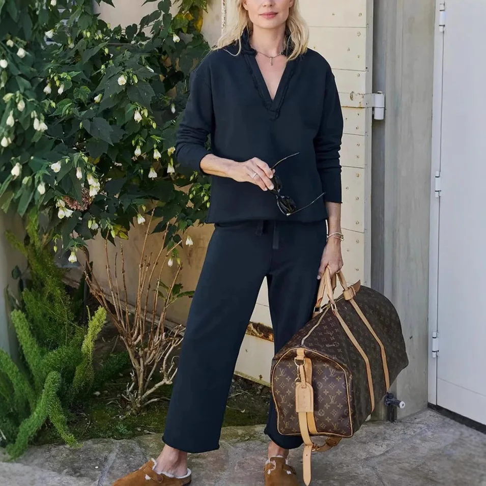 Spring And Autumn New Women's Long Sleeve Pullover Wide Leg Pants Set