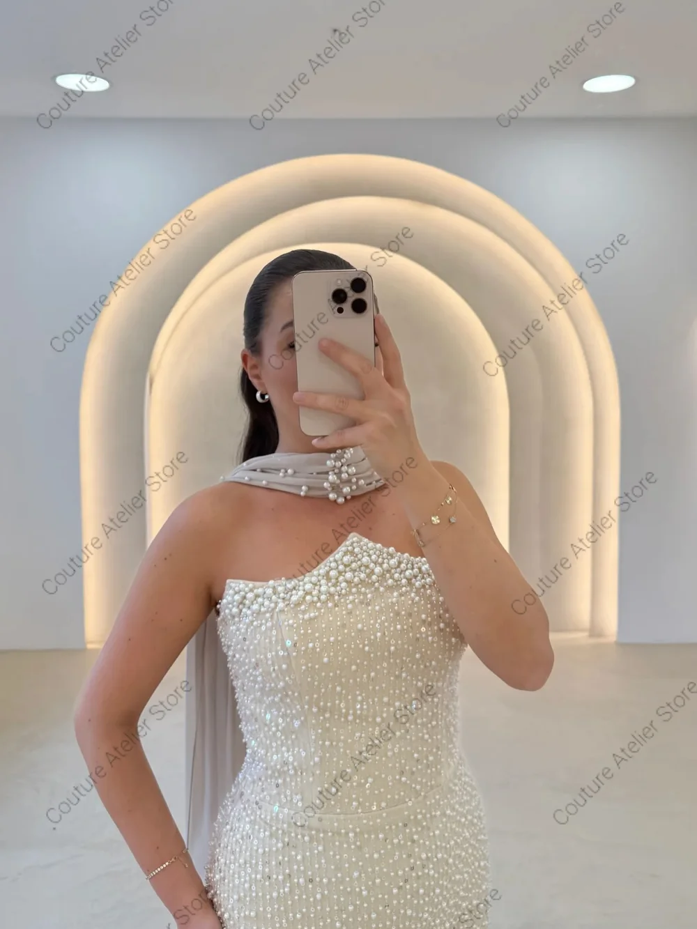 Vestido de noche blanco con cuentas y escote en forma de corazón, vestido de noche asimétrico ajustado con bufanda, Sexy con bola de tren personalizada
