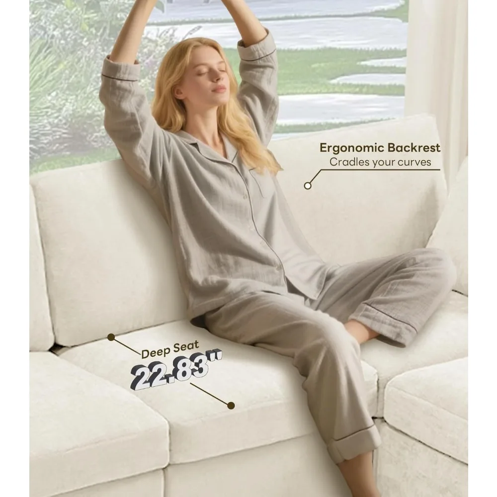 Трансформируемый 85 Г-образный секционный диван, диван Chenille Cloud с пуфиком, 4-местная мебель для гостиной - бежевый