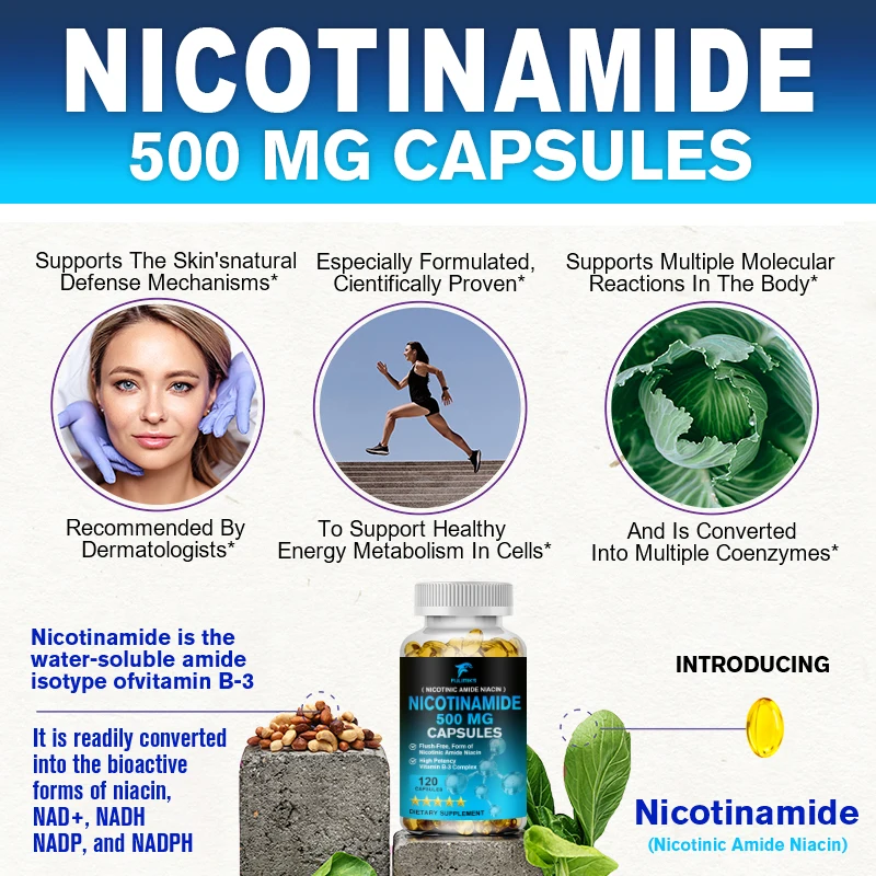 Nicotinamide Vitamin B3 Capsules 500mg, Whitening Skin & Anti-aging NAD Supplement, for Heart Health Antioxidant For Adults