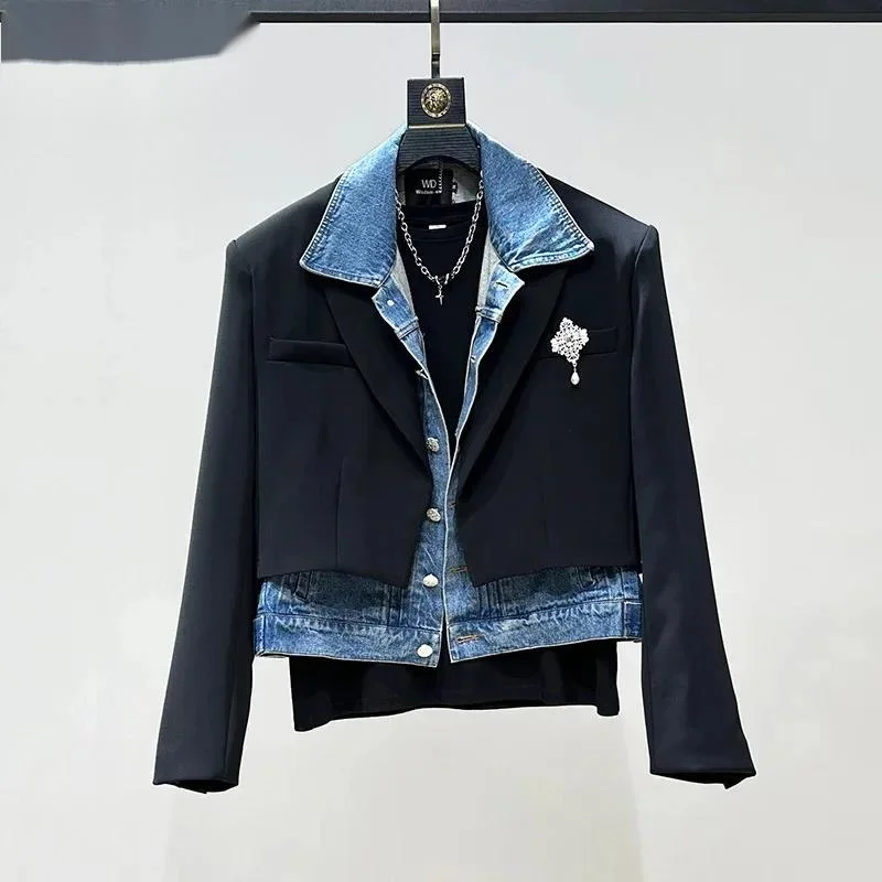 Denim Patchwork Men's Blazer Niche Fake Two-Piece Design Short Padded Shoulder Suit Jacket Trendy Male Coats DSE4