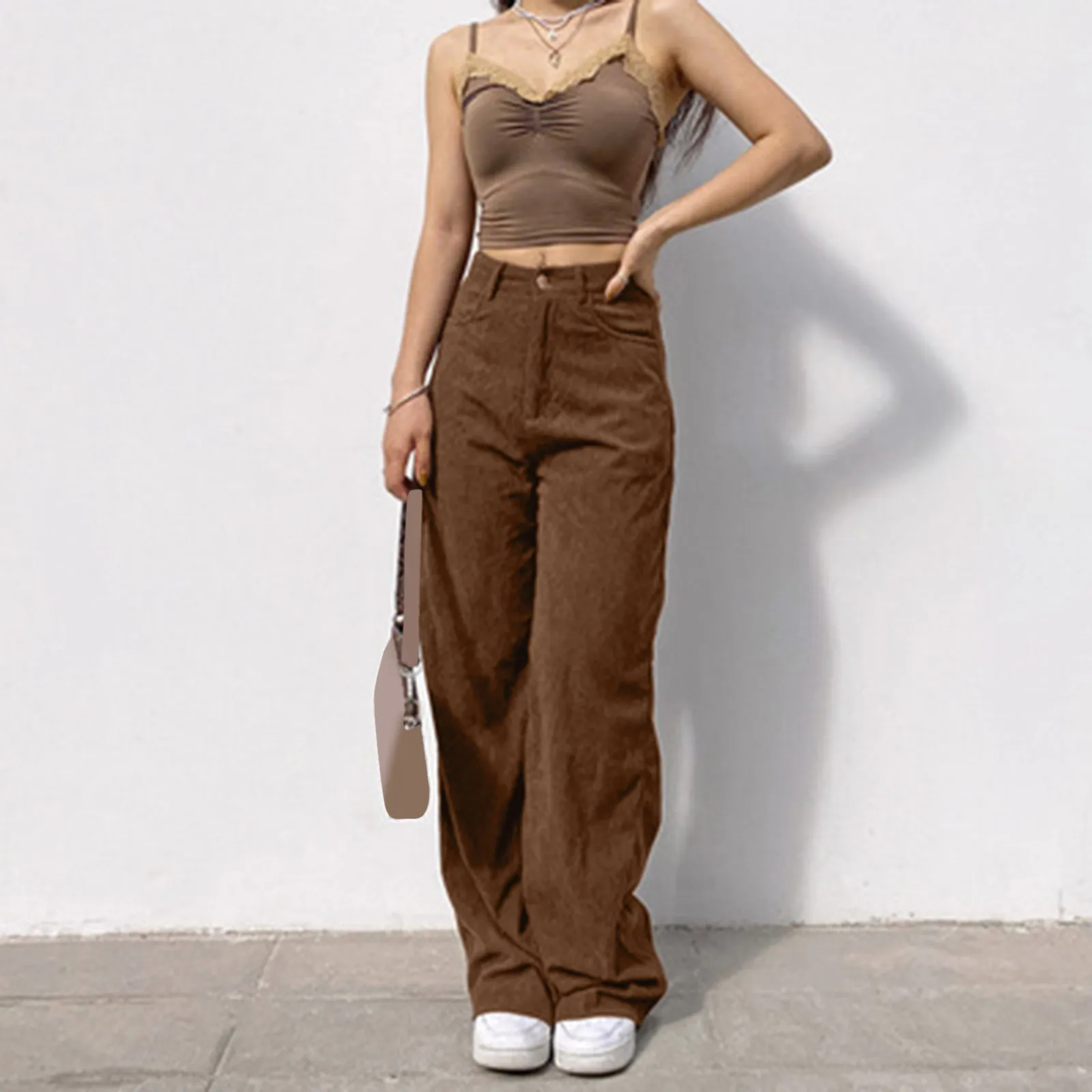 

Autumn Winter Women’s Solid Mid Waisted Wide Leg Pants Straight Casual Baggy Trousers Minimalist New Women's Corduroy Clothing