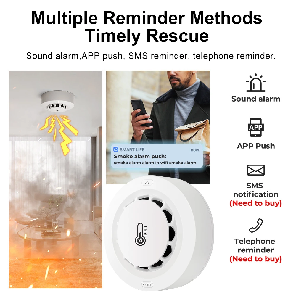 Alarm Kebakaran Asap Zigbee Real-Time Smart Life APP, Detektor Multifungsi Suhu dan Kelembapan