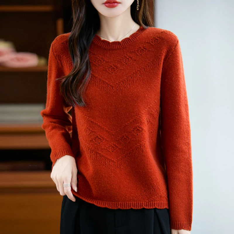 Pull en cachemire évidé à col rond pour femme, 100% laine mérinos, tricot, manches Leurs lan, décontracté, chaud, automne, hiver