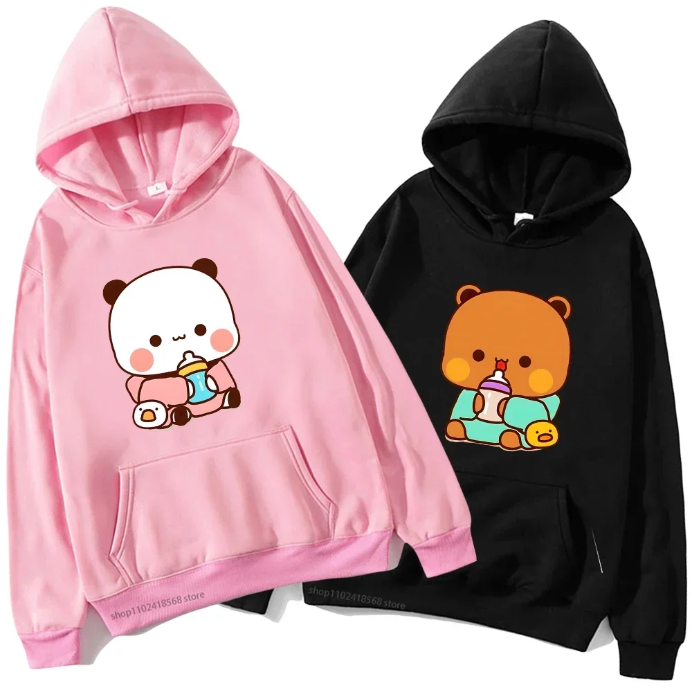 Men Women Couple Hoodie Cute Baby Bubu Is Drinking Milk Graphic Sweatshirt Cartoon Panda and Brownie Bear Top Y2k Clothes Unisex