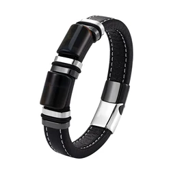 2022 New Vintage Jewelry Natural Blue Tiger Eye Stone Double Plate Stainless Steel Men's Bracelet Charm Leather Cord Bracelet
