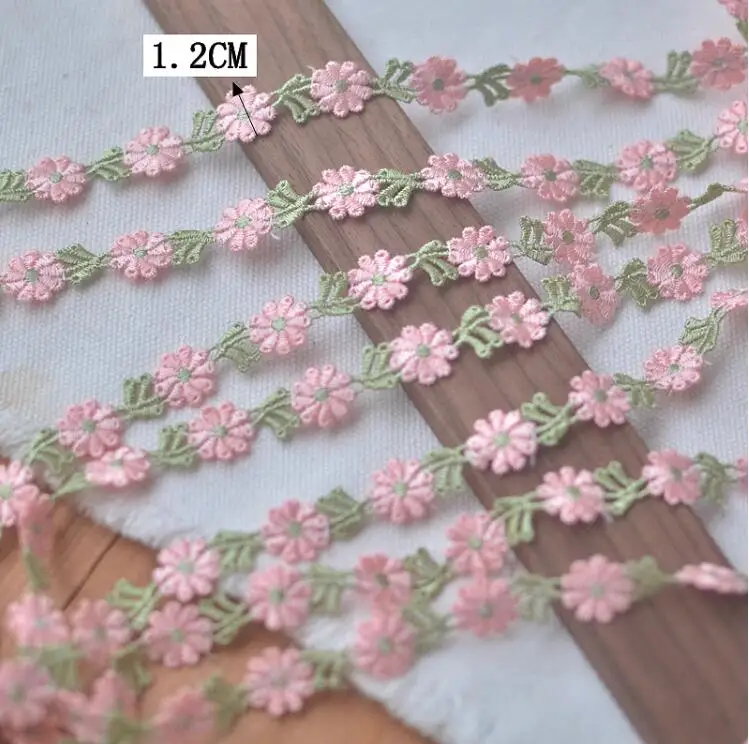 2 Yards Width 1cm Soft Pink Green Flower Embroidery Lace Applique Trim Water Soluble Flower Lace Trimming DIY Sewing Decor