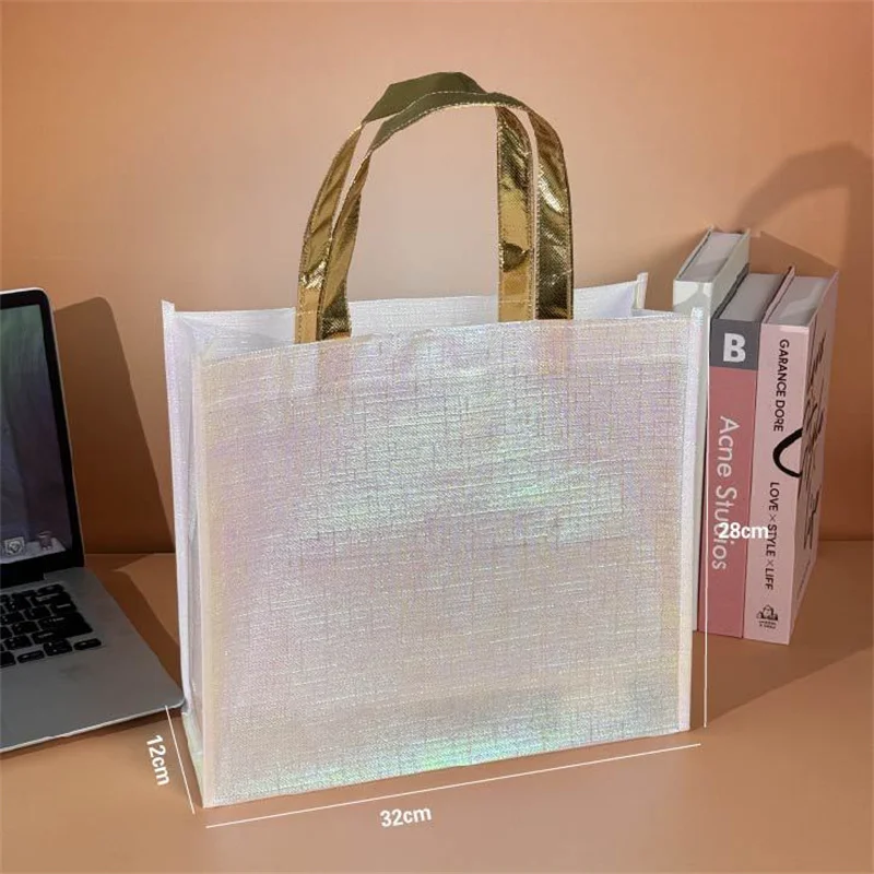 StoBag 10pcs Laser Non-woven Tote Bags Shopping Shoulder Fabric Woman Storage Reusable Large Pouches Custom Logo(Extra Fee)