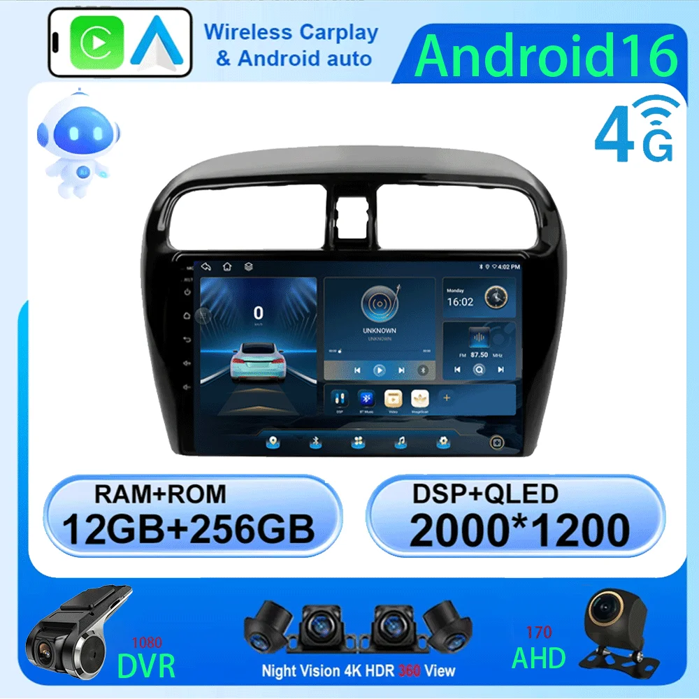 Radio para Auto LJZN Android 16 para Mitsubishi Mirage Attrage 2012-2018 Space Star 2014, Navegación GPS, Estéreo Multimedia, 4G+WIFI