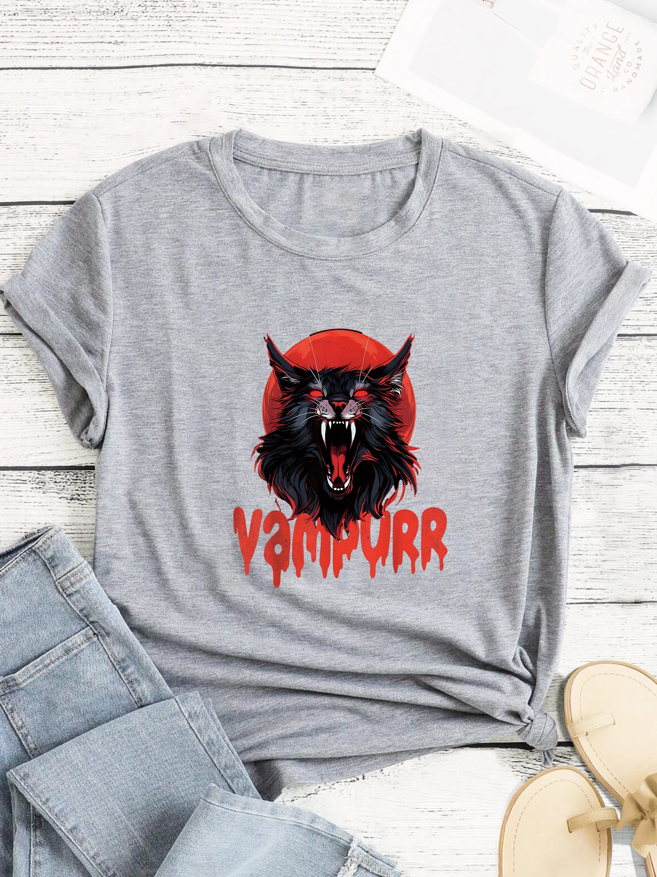 Vampurr Coon Spooky Vampire Halloween Maine Coon Cat Women\'s Casual Summer T-Shirt O-Neck Tops Femminile Tee Graphic Tshirt