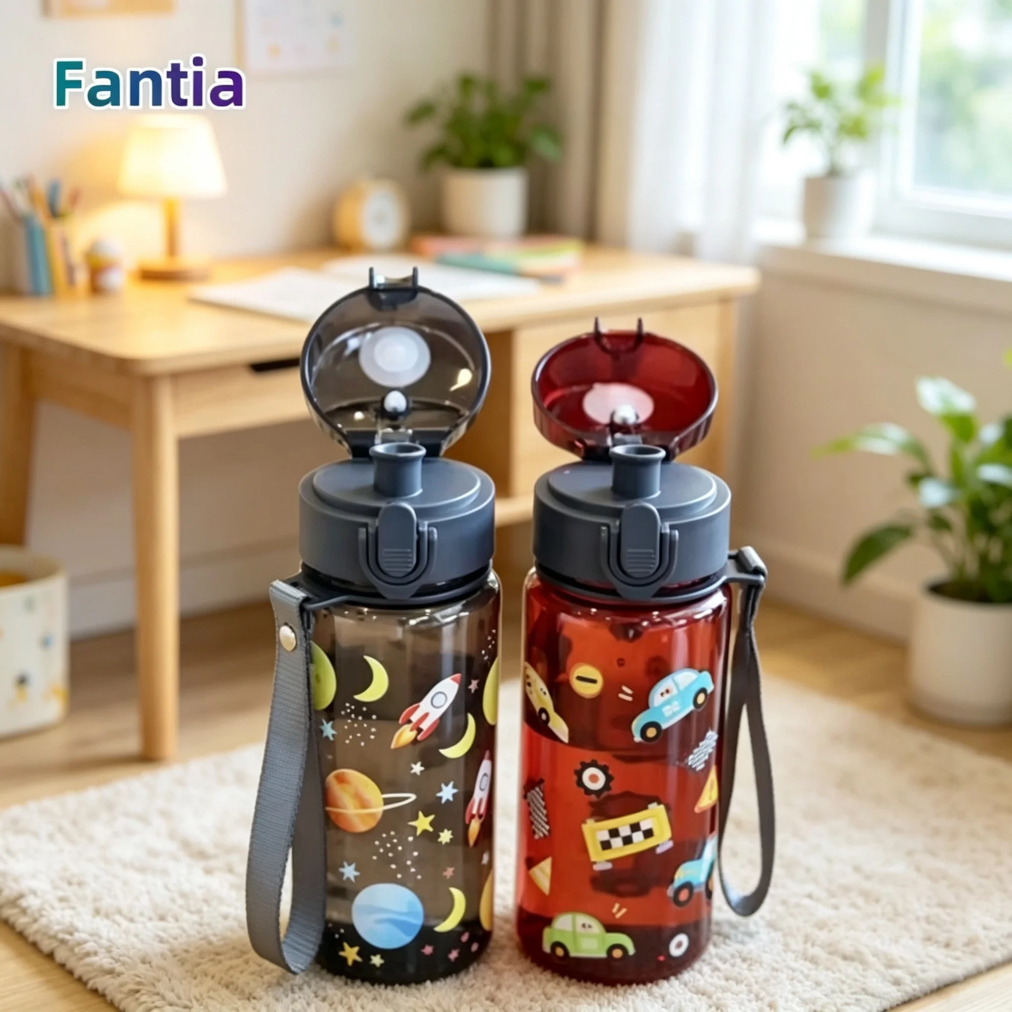 Cartoon Space Car Ocean Print Kids Sports Water Bottle,Portable Flip Top Leak-Proof Plastic Drinking Cup with Lanyard for School