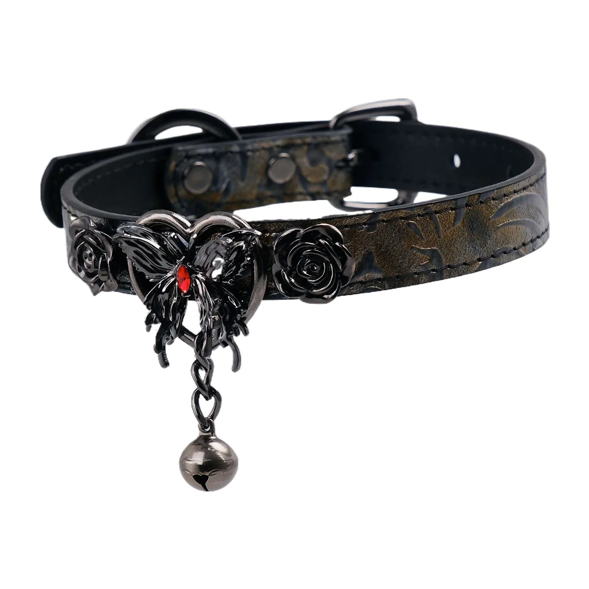 Adult Games Gothic Black Butterfly & Rose PU Leather Choker Collar with Bell, Adjustable Bondage Collar for Couples Sex Toy