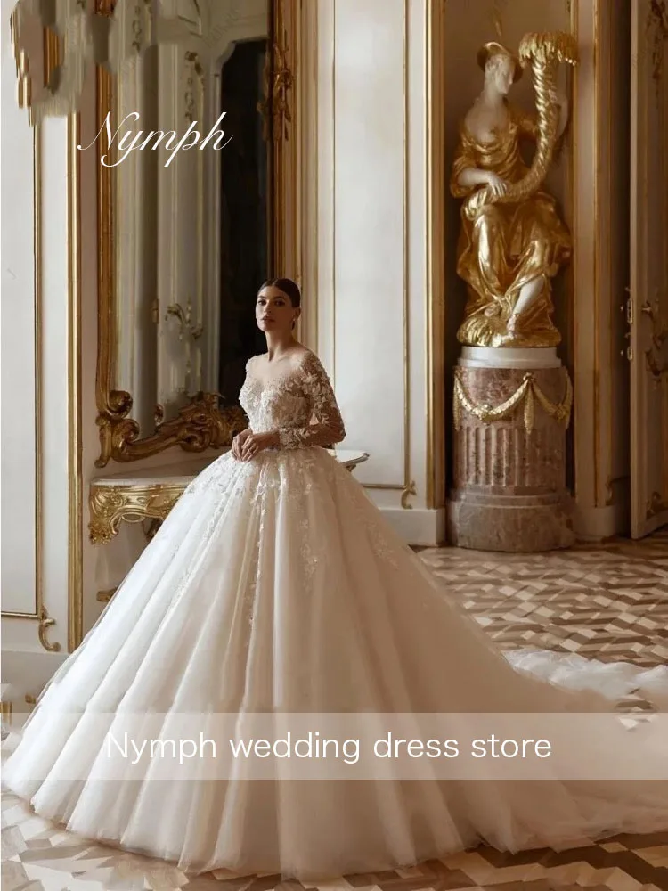 Embroidery Lace Ball Gown Wedding Dresses Glitter Tulle Beading Pearls  Customize Full Sleeves Scoop Bridal Gowns Robe de Mariée