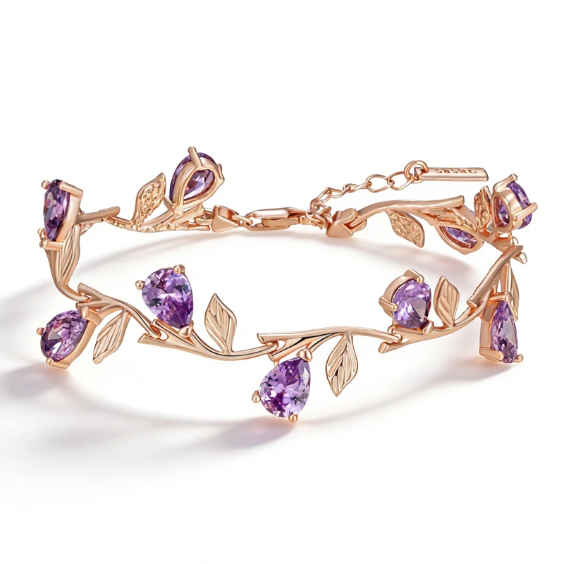 

Роскошный браслет Kinel из розового золота 585 пробы для женщин, модный блестящий фиолетовый браслет с натуральным цирконом, аксессуары, этнические свадебные украшения