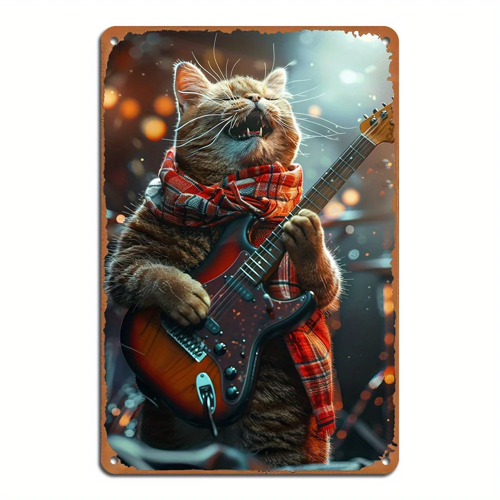 

A Rock and Roll Cat Playing Guitar Metal Sign Vintage Iron Wall Decor 8x12 Inches for Home Bar Coffee Shop Restaurant Garage