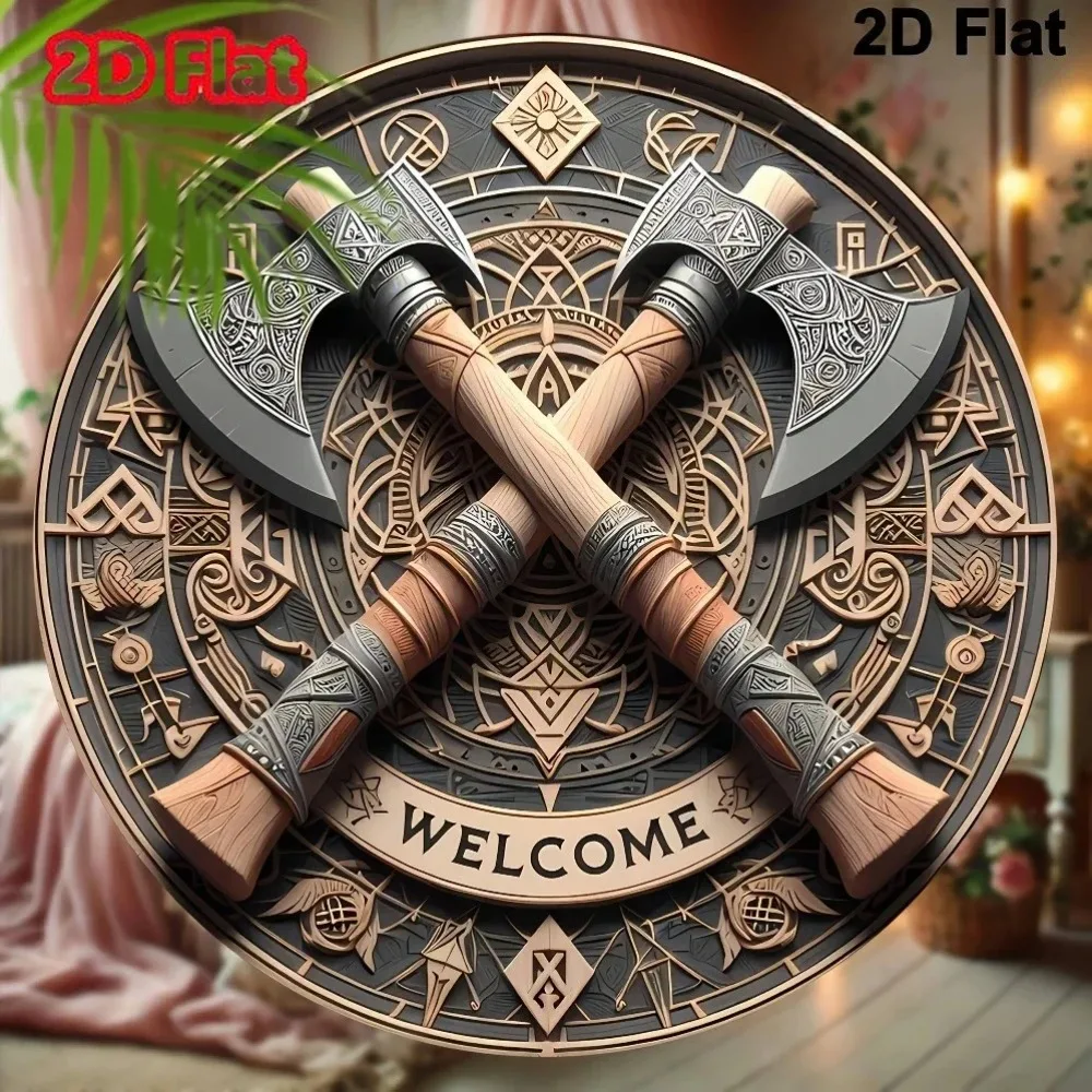 Norse Viking Axe WELCOME Sign HD Print Metal Tin Sign – Featuring Crossed Double Axes with Intricate Rune Carvings & Celtic Knot
