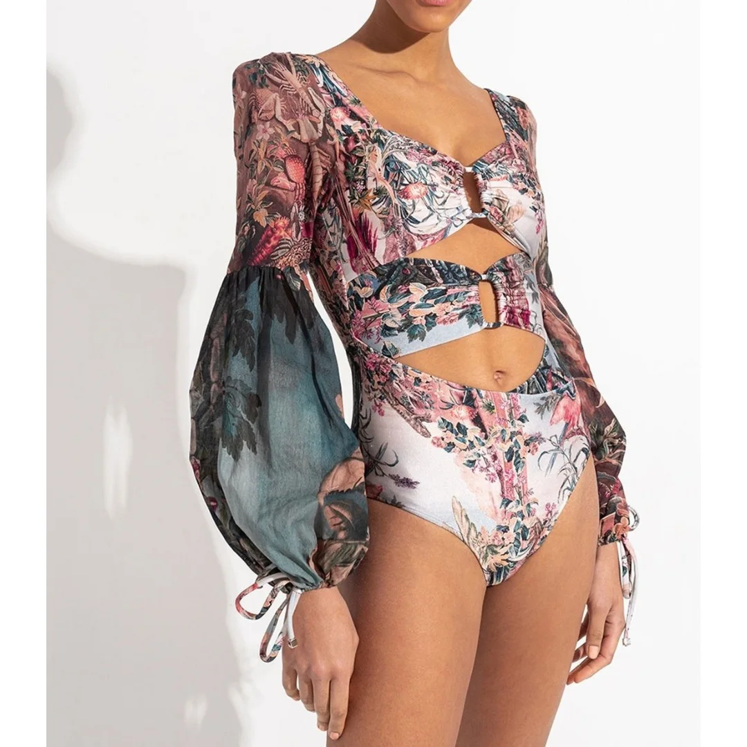 One Piece Swimsuit For Women European And American One-piece Swimsuit Suit Women's Long-sleeved Hollow Retro Printed Swimsuit An