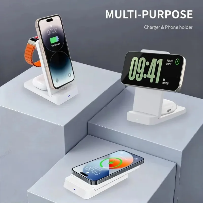 3 in 1 Foldable Wireless Charger Station Multi Purpose Desktop Stand Fast Charging Dock for iPhone Apple Watch AirPods Home