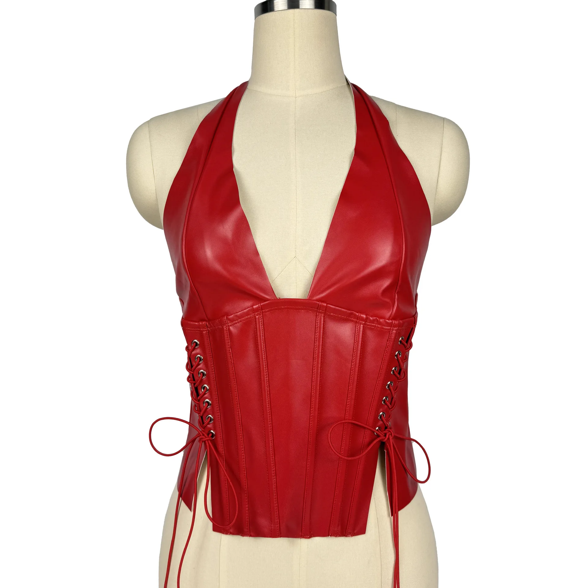 Women's New Faux Leather Halter V Neck Side Lace Up Tie Slim Fishbone Shaping Casual Fashion Outerwear Camisole Spaghetti Strap