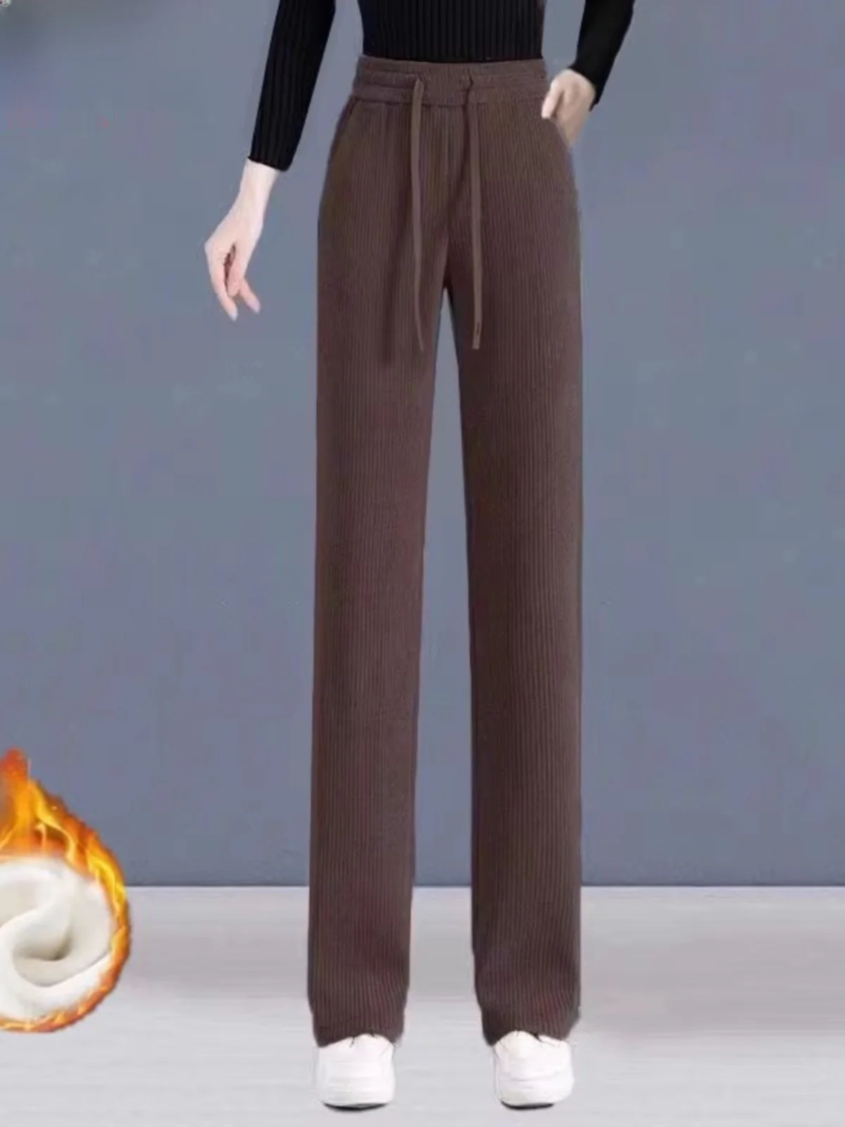 Calças de perna larga finas femininas outono inverno thiened fce casual calças de perna reta calças compridas cintura alta nove pontos