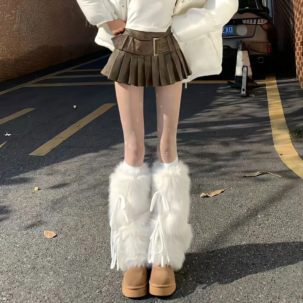 Nowe, puszyste mankiety na buty, zimowe, ciepłe, z kokardką, opaska na buty, grube ocieplacze na nogi, słodki styl Harajuku