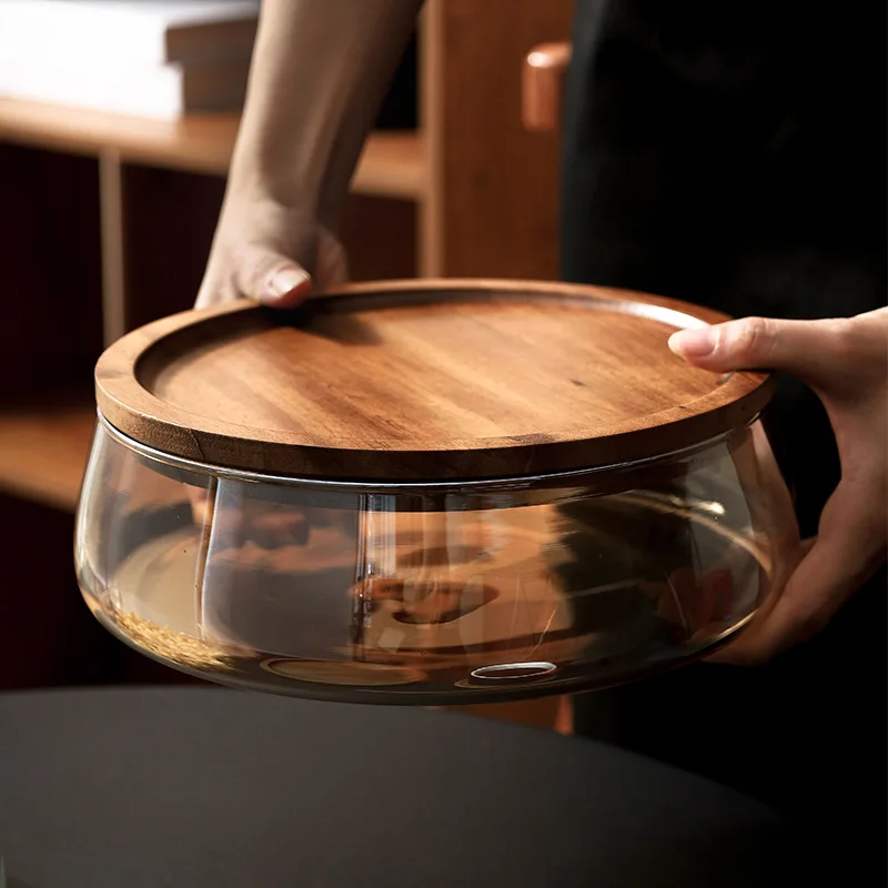 Glass Food Storage Fruit Tray with Wooden Cover Nut Candy Fruit Organizer for Coffee Table Dry Fruit Bowl Kitchen Storage 6