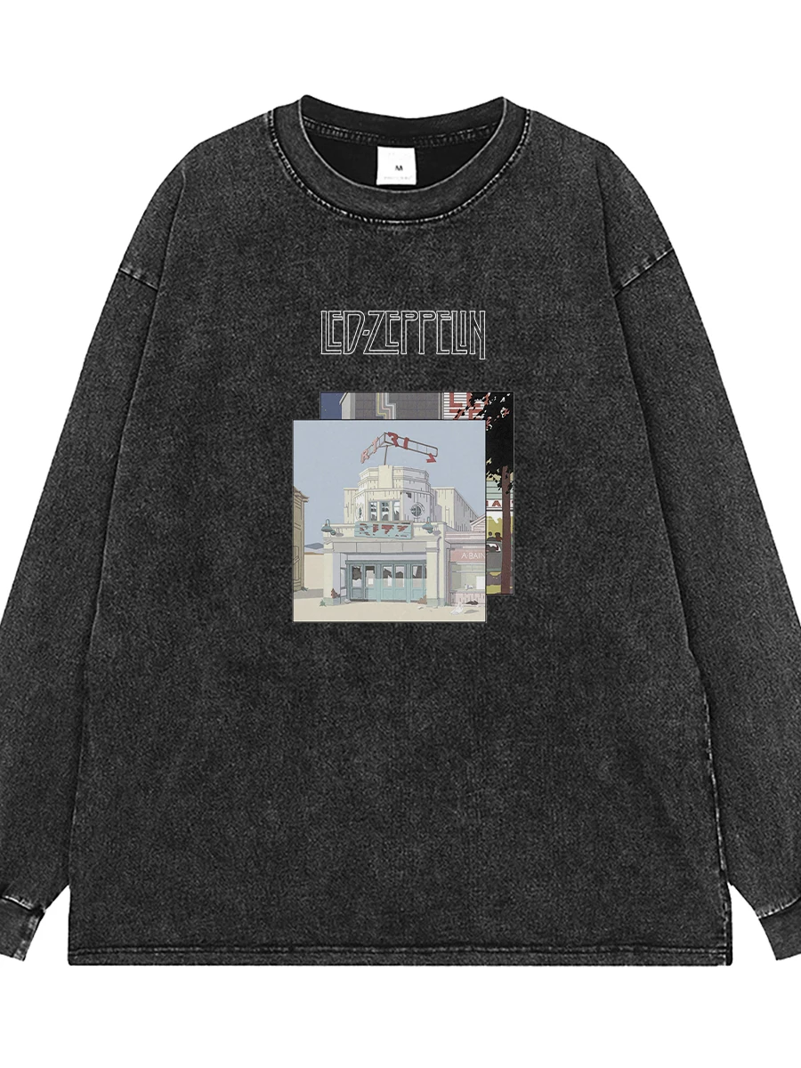 Vintage Washed Grey Long Sleeve T-Shirt  Band Loose Shoulder Casual Cotton Tee Unisex Streetwear Rock Style