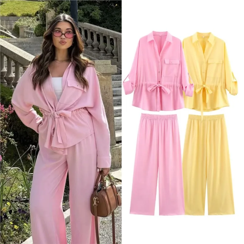 

2025 женская летняя рубашка в стиле ретро с длинными рукавами и шнурком, повседневный комплект брюк, комплект из двух предметов, повседневная одежда, уличная повседневная летняя одежда