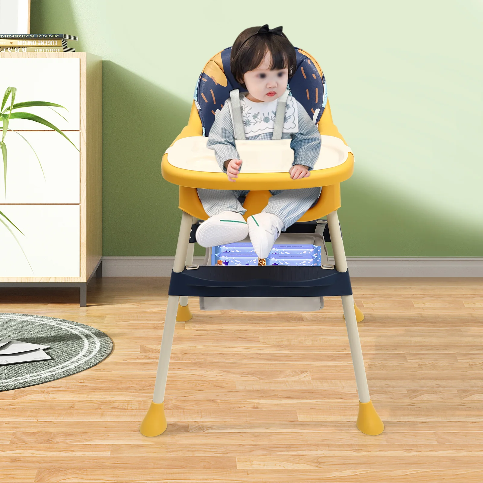 Silla alta 4 en 1 BYMAOCAR, silla alta plegable para niños, asiento portátil para bebé con reposapiés, bandeja doble desmontable para bebé