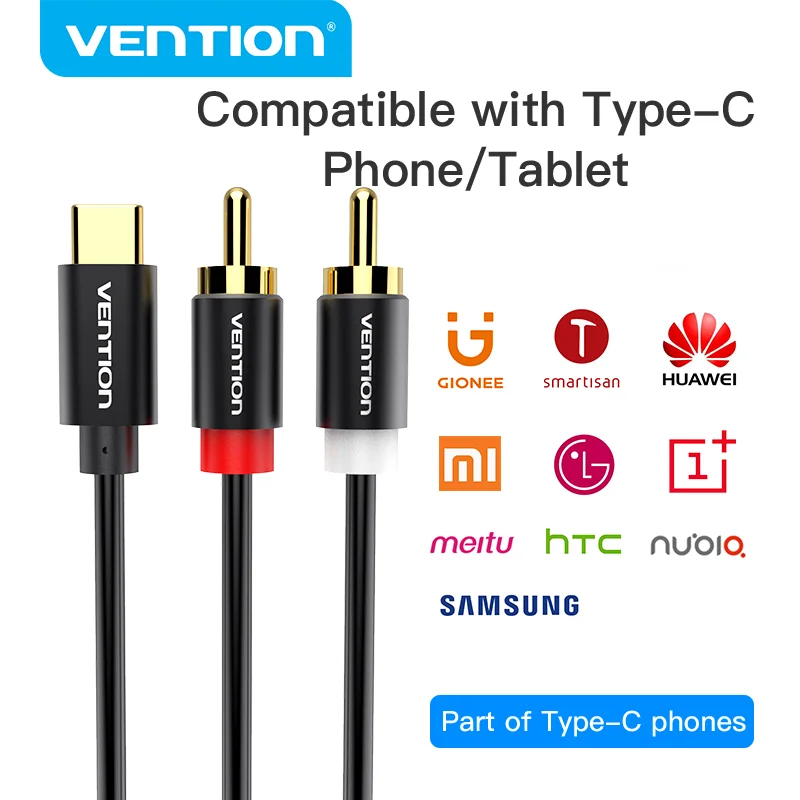 Vention USB-C naar 2RCA audiokabel, type C naar RCA mannelijke jack plug adapter, Y-audio splitter voor iPhone 17, 16, DVD, speaker, aux.