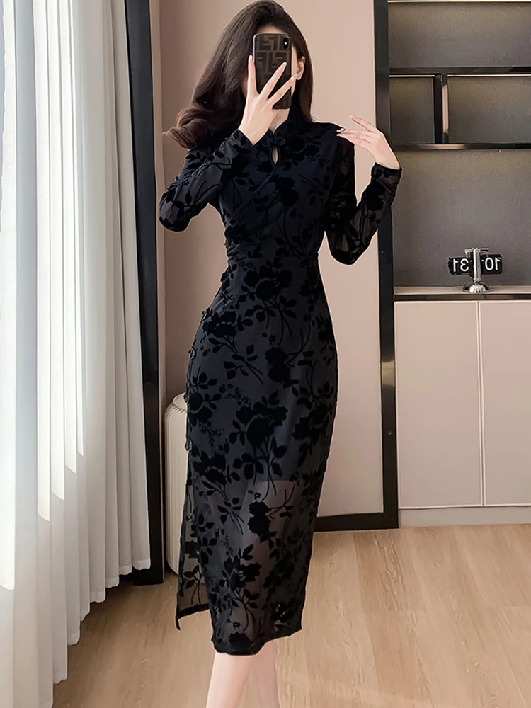 Abito da donna a maniche lunghe Jacquard nero primavera autunno abito formale di lusso Vintage coreano 2024 abito da notte da festa elegante coreano