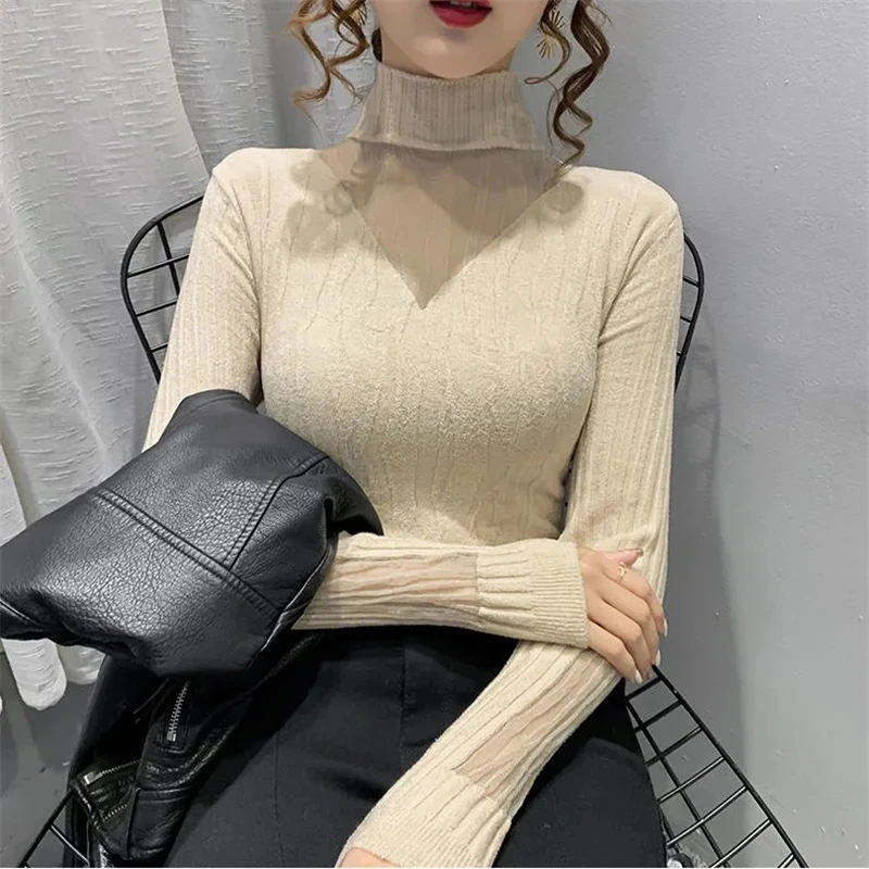 

Spring Autumn Turtleneck Women Sweater Fall Long Sleeve Female Basic Knitted Jumper High Elastic Simple Solid Color Tops