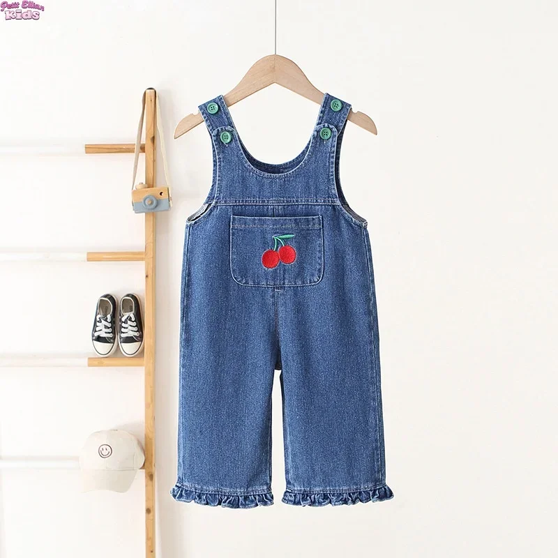 

Children's Clothing 0-4Y Cotton Denim Overalls Kids Girls Cherry Embroidery Ruffle Hem Adjustable Strap Casual Baby Girls Jeans