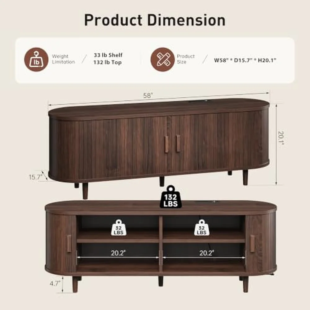 Living Room Table Set of 2 Fluted TV Stand and Coffee Table Set Mid Century Modern TV Stand with Charging Station Round
