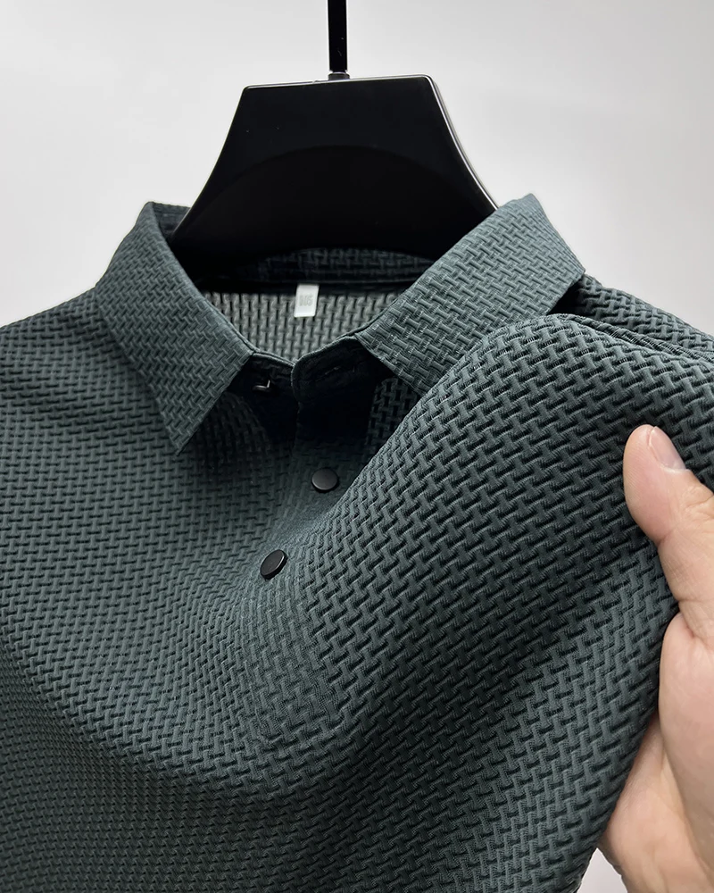 Summer New Men\'s Halter Hollow Short Sleeve Polo Shirt Ice Silk Breathable Business Fashion T-shirt Men\'s Brand Clothing