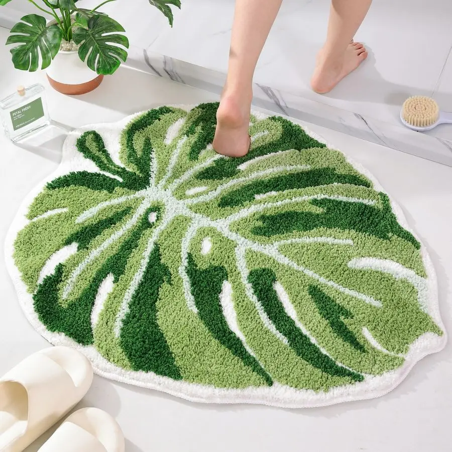 

Large Monstera Leaf Bath Mat, Non Slip Green Plant Bathroom Rug, Absorbent Cute Palm Shaped Bathtub Rug Bathroom Plush Shower Ru
