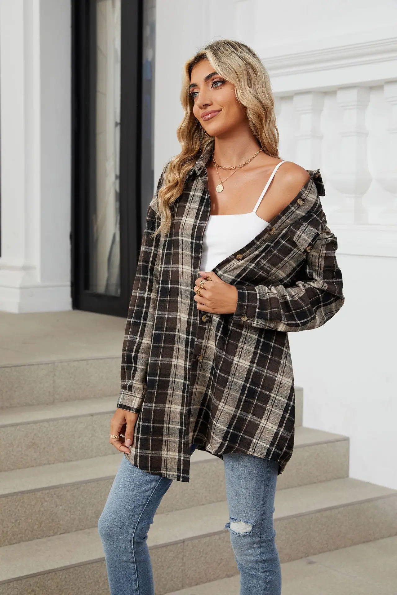 2024 Autumn Winter Women Blouse Casual Plaid Print Button Up Long Sleeve Turn Down Collar Shacket Plus Size Loose Streetwear