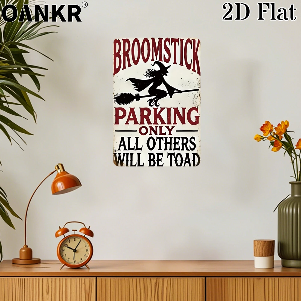 Retro Witch Broomstick Parking Metal Tin Sign, Funny Halloween Quote Wall Decor, Waterproof Iron Plaque, Art for Home Yard